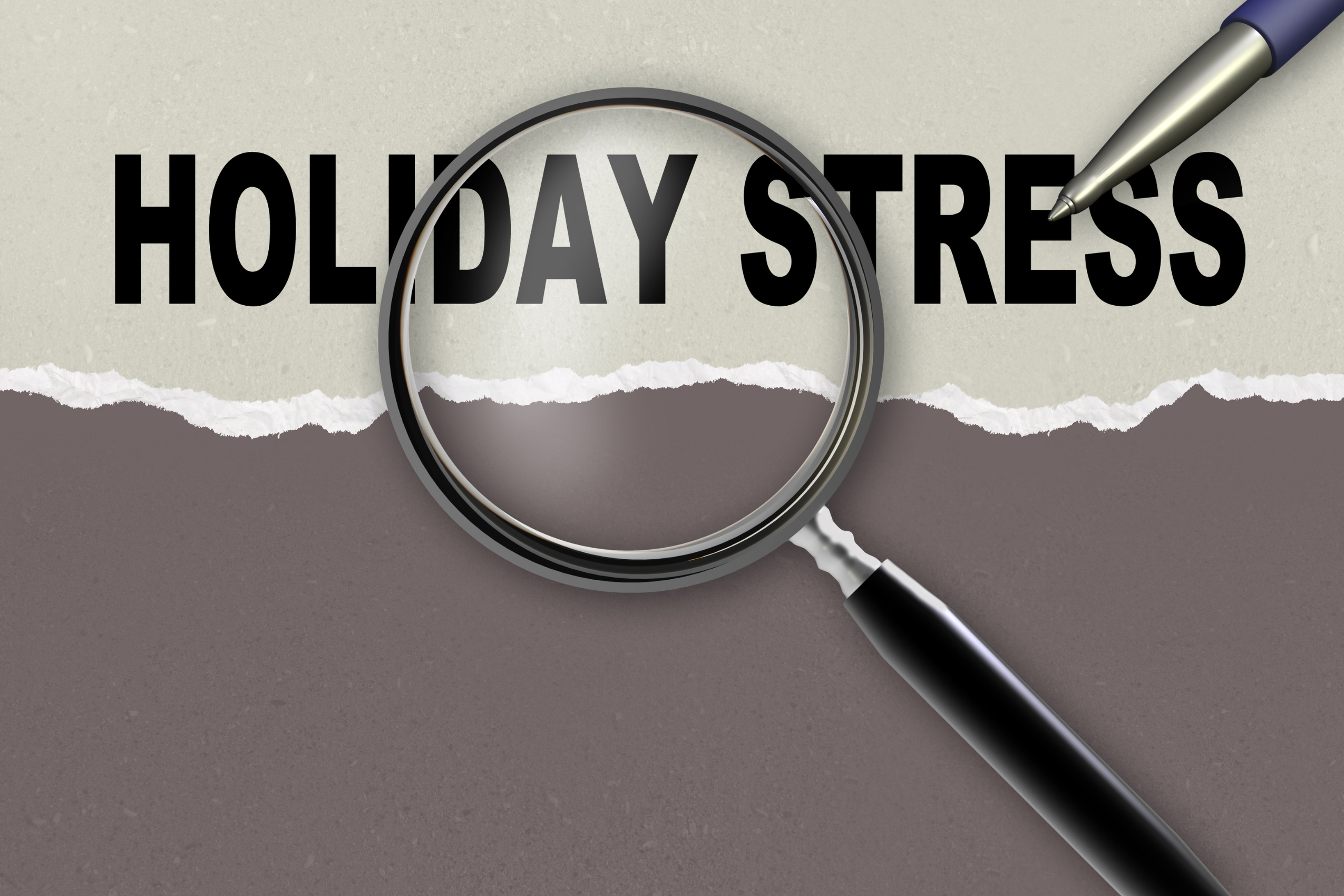 word holiday stress and magnifying glass with pencil made in 2d software