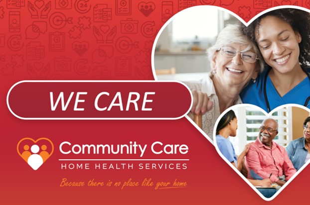 we care community care heart with two individuals pictured sitting close to each other