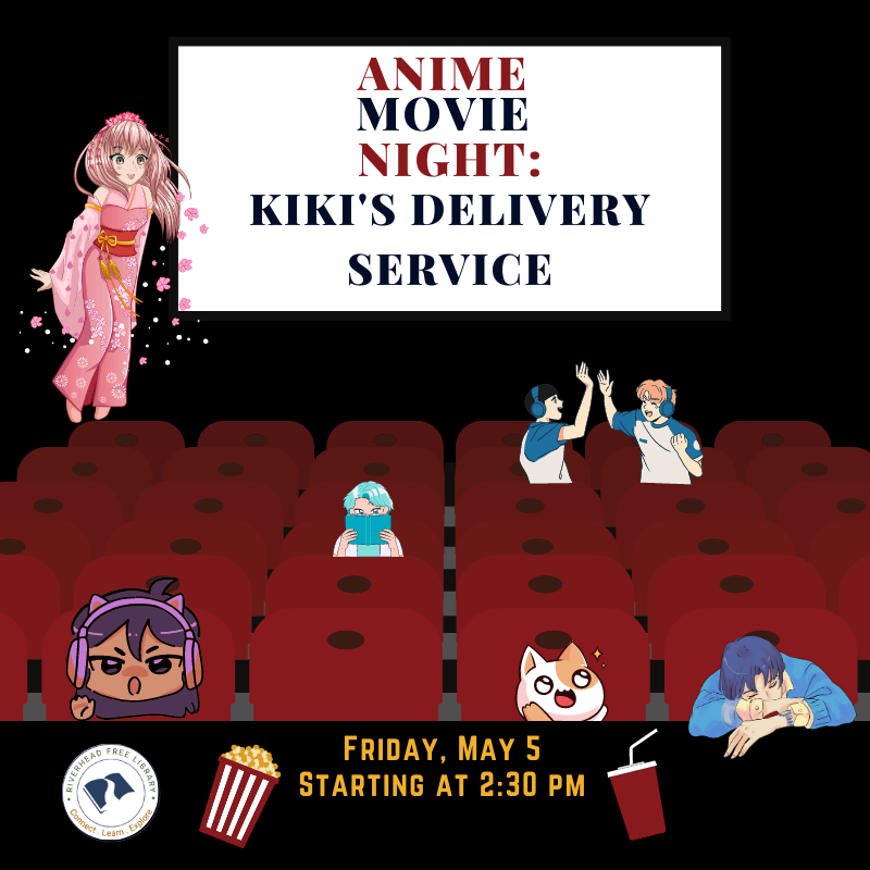 Graphic of a variety of anime characters in a movie theatre.