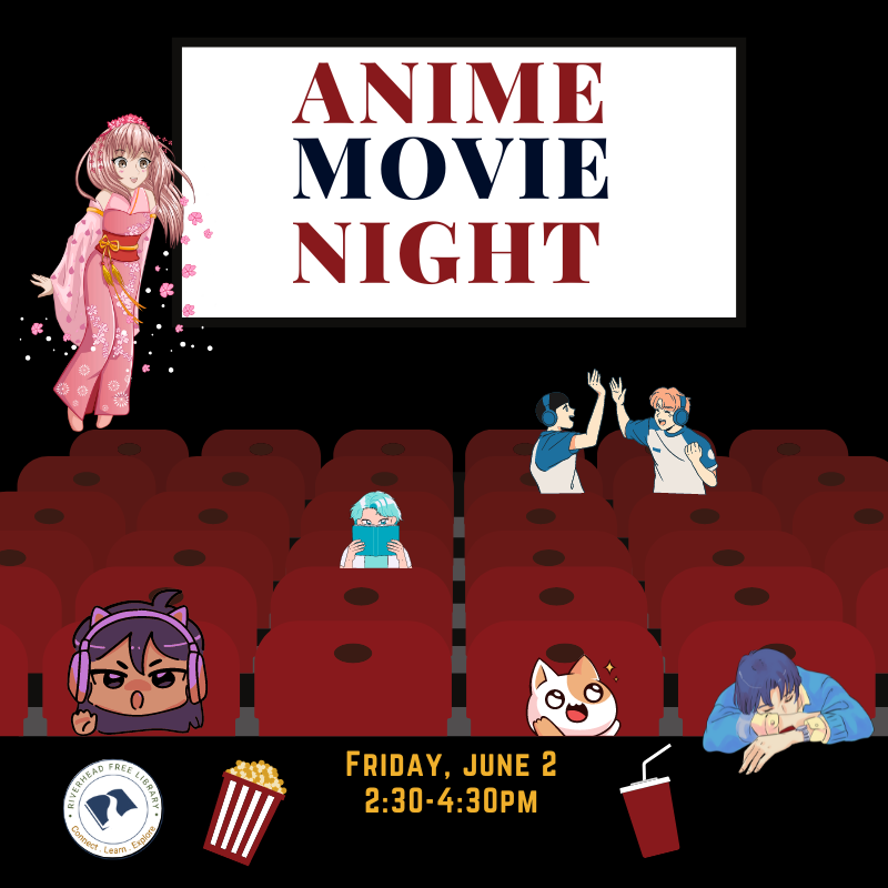 Graphic of a variety of anime characters in a movie theatre.
