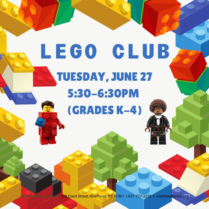 Graphic of LEGO pieces of a variety of shapes and colors.