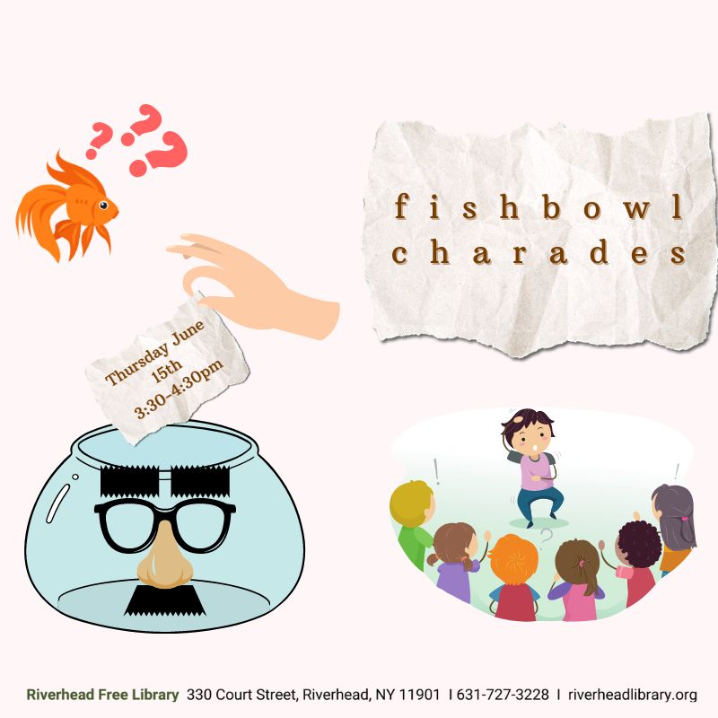 Graphic of a fish bowl and a group of people playing charades. 