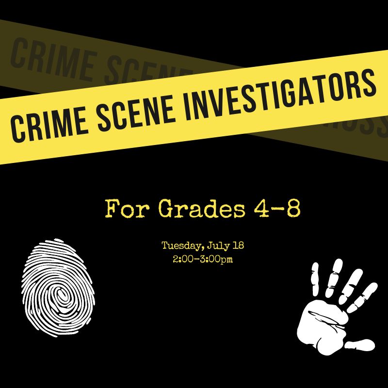 Illustration of a variety of crime scene imagery, including a fingerprint, a hand print, and yellow crime scene tape.