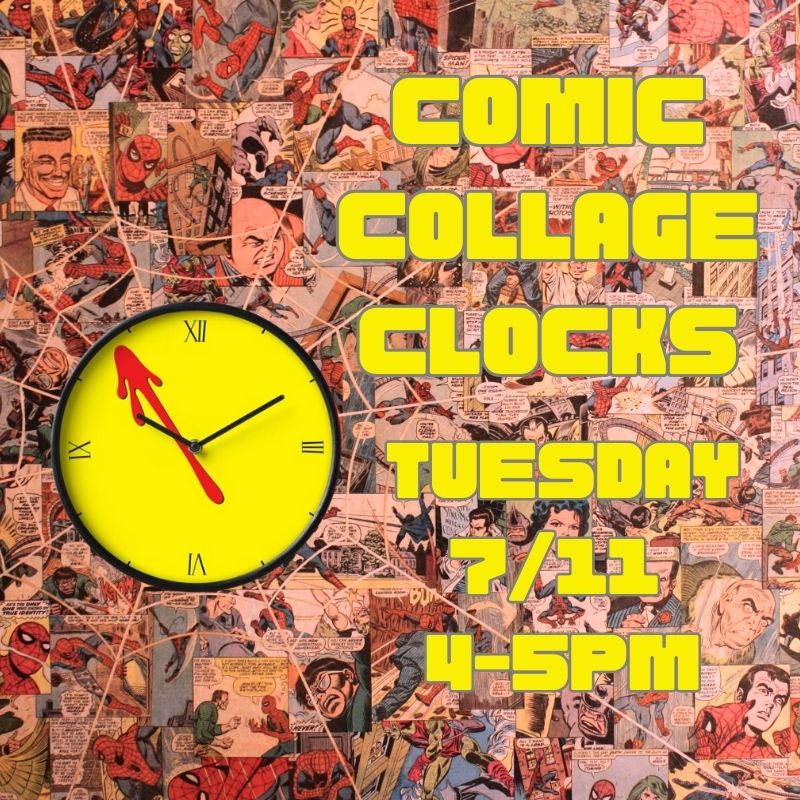 A collage of comics alongside a yellow clock.