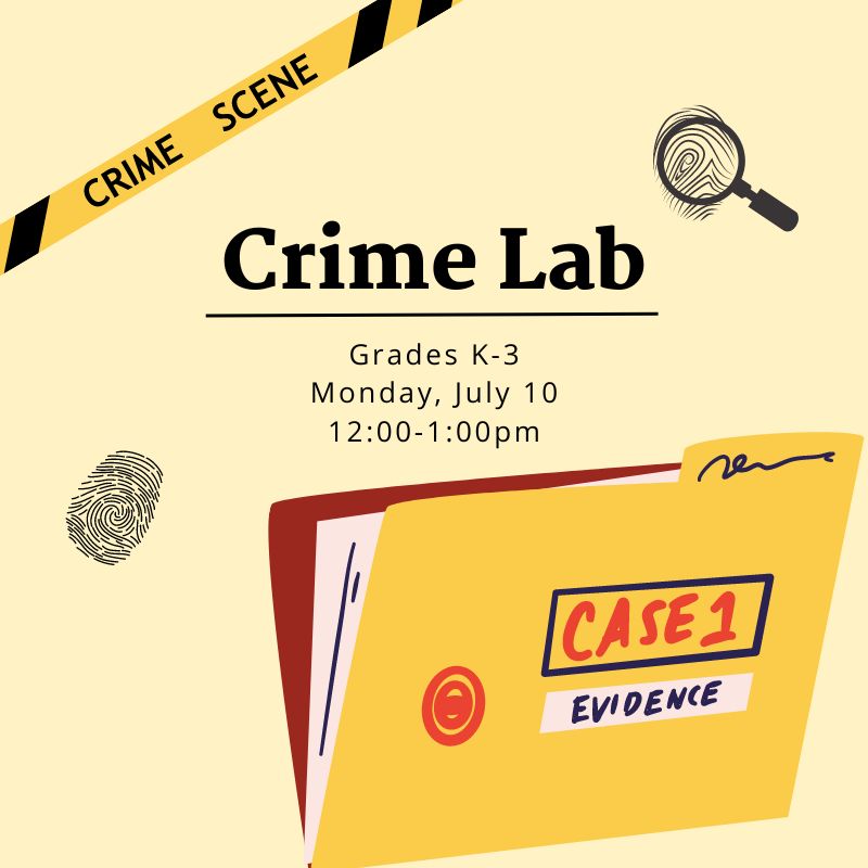 Graphics of various crime related imagery, including fingerprints, a case file, and caution tape.