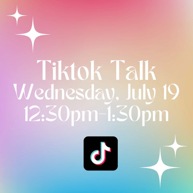 Flyer with a soft, rainbow background with the logo for the social media app TikTok.