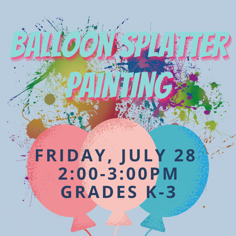 Graphic of red, blue, and pink balloons, alongside rainbow colored paint splatters.