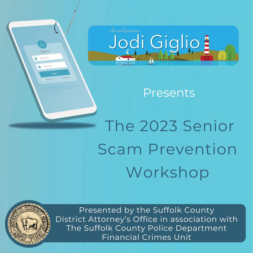 Cell phone with fish hook in it Jodi Giglio logo Presents The 2023 Senior Scam Prevention Workshop