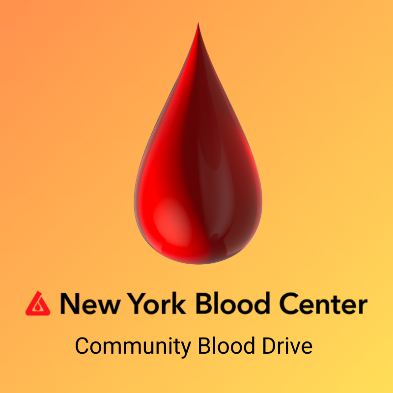 Drop of blood with New York Blood Center and Community Blood Drive written under the drop.  Yellow background