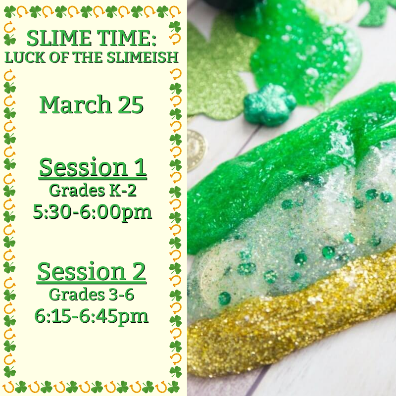 Green and glittery gold slime, one filled with tiny shamrocks.