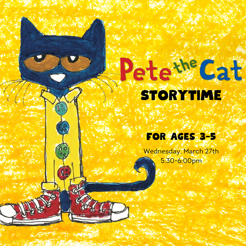 Children's book character "Pete the Cat" wearing a yellow raincoat with 4 different colored buttons and red high top sneakers.