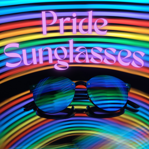 Sunglasses with a neon rainbow light reflected in the lens.