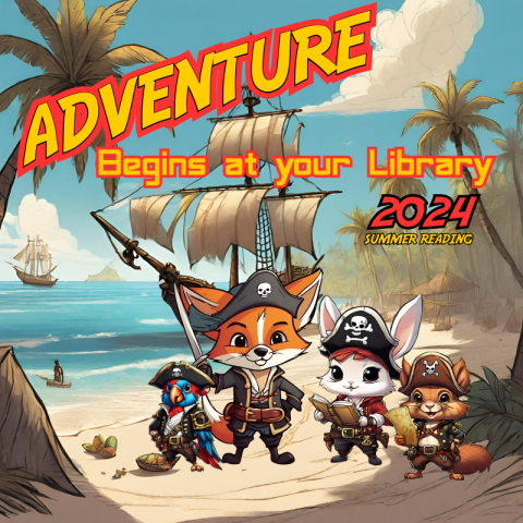 A fox, rabbit, squirrel, and parrot dressed in pirate clothes, standing on the shore of a beach. A large pirate ship is in the water behind the animals.